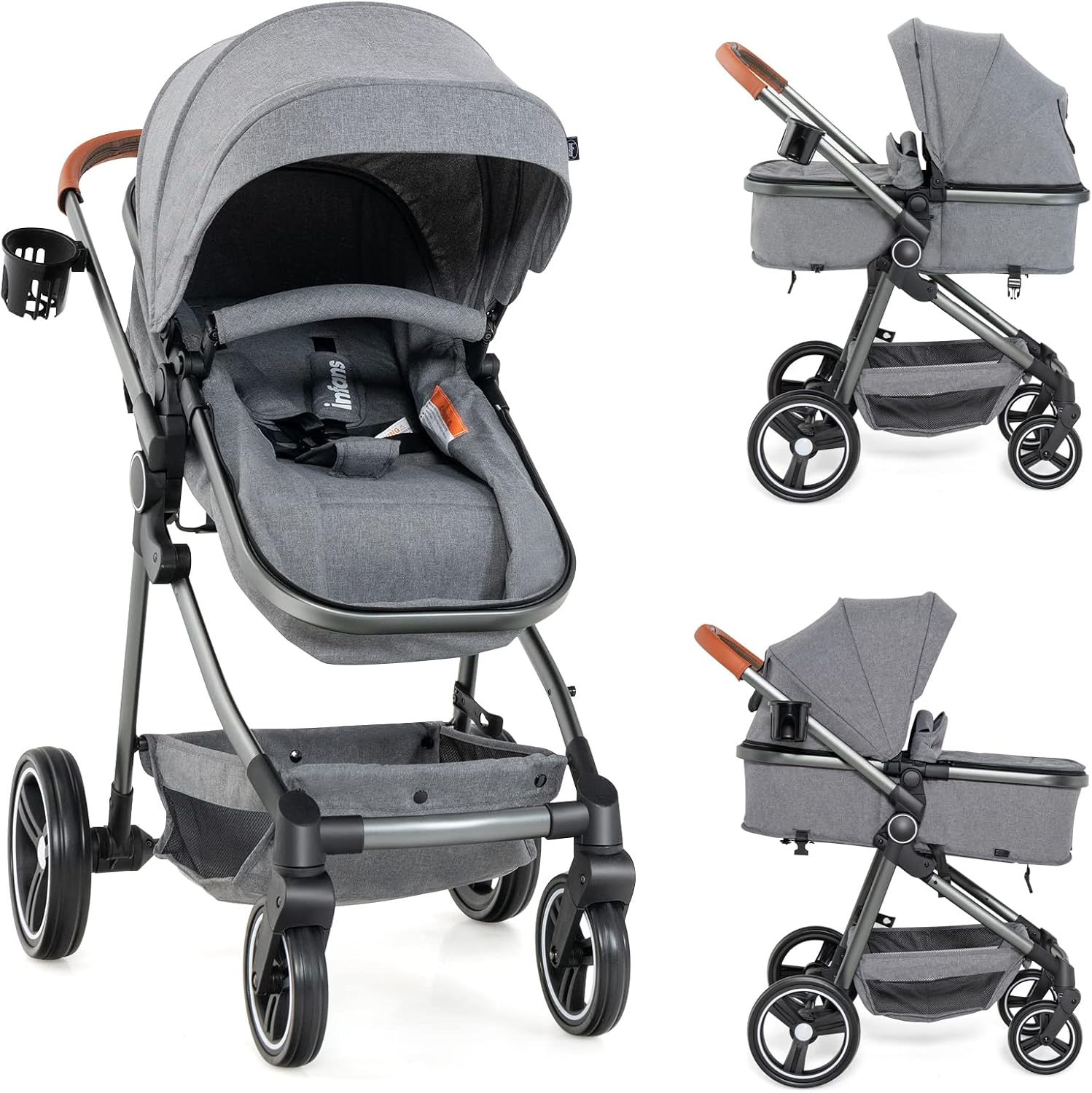 INFANS 2 in 1 Baby Stroller, Newborn Convertible Stroller Bassinet for Infant, Foldable High Landscape Shock Absorption with Reversible Seat, Aluminum Structure for Toddler Pushchair 0-36 Month
