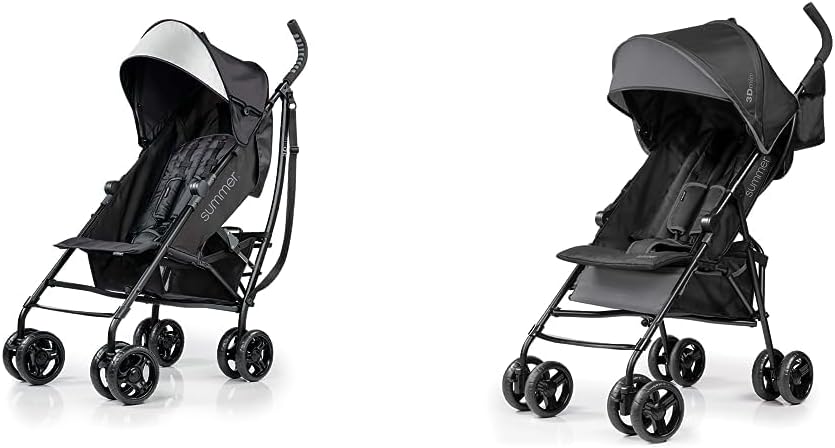Summer 3Dlite Convenience Stroller, Jet Black & 3D Mini Convenience Stroller, Lightweight Stroller with Compact Fold Multiposition Recline Canopy with Pop Out Sun Visor and More, Gray