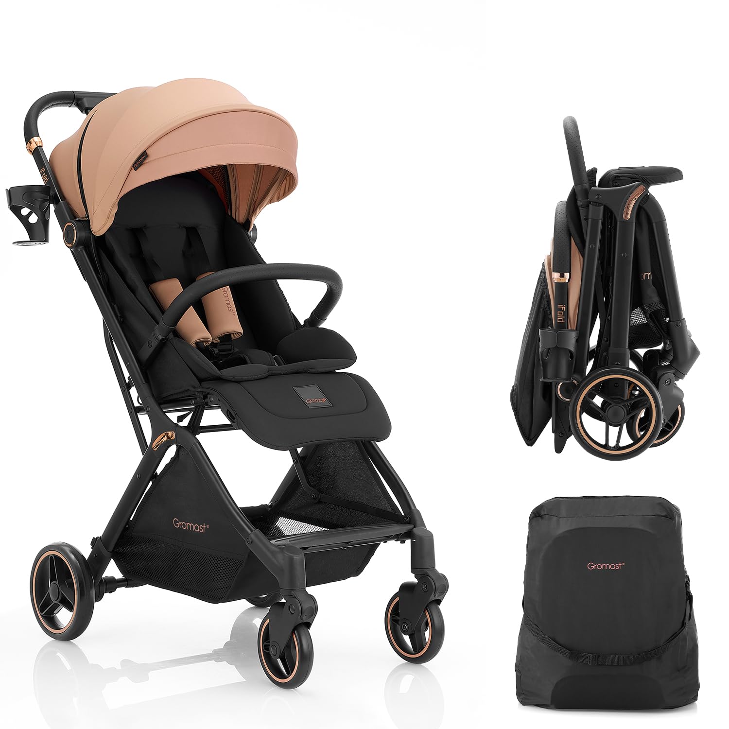 Gromast Gravity Folding Baby Stroller - Portable Travel Toddler Stroller w/Adjustable Backrest, Canopy &amp; Cup Holder, Lightweight and UV Protected, One-Hand Automatic Folding - Khaki