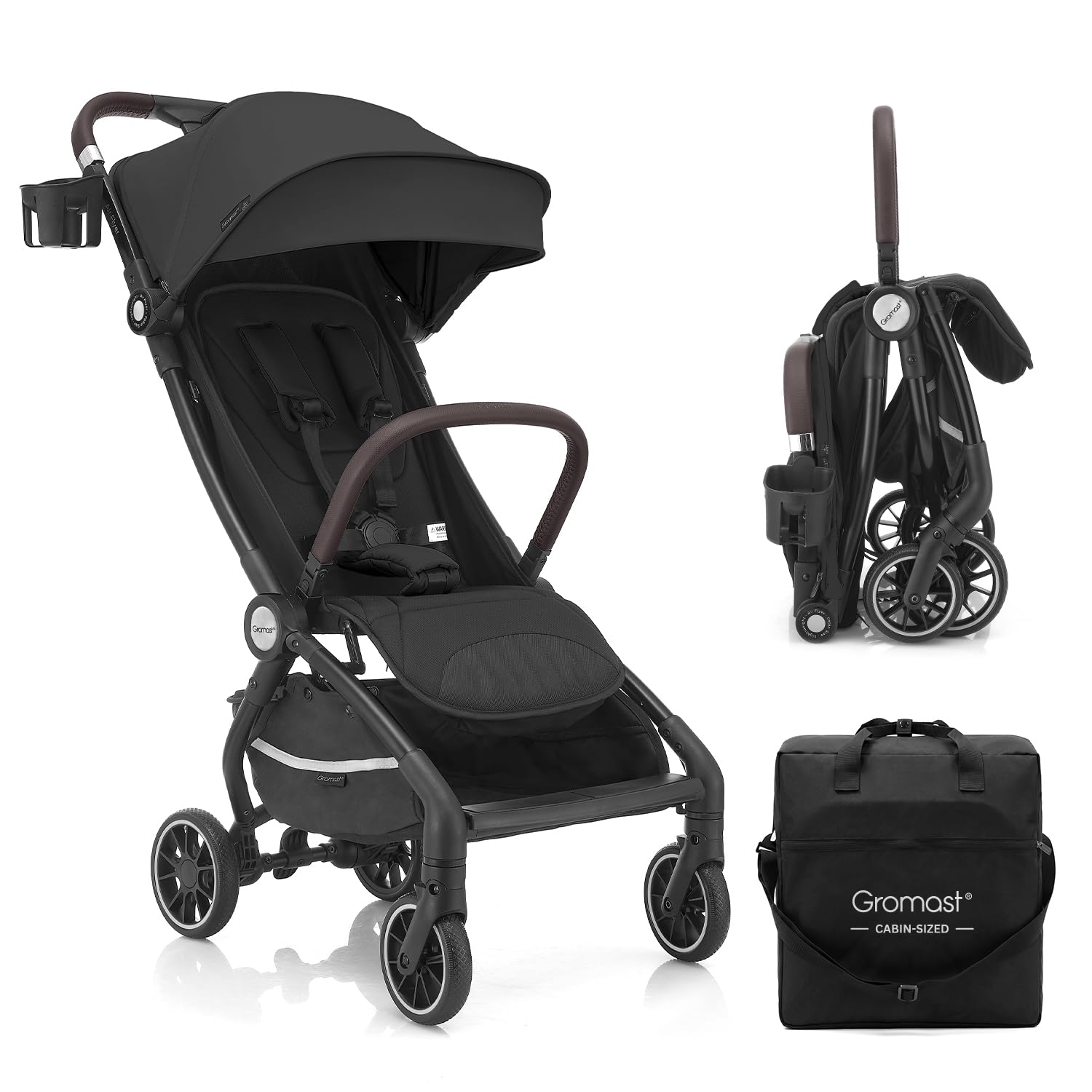 Gromast Gravity Folding Airplane Friendly Travel Stroller for Toddlers, Lightweight &amp; Compact Baby Stroller, Gate Check Approved, UPF 50+ Waterproof, Includes Travel Bag - Black