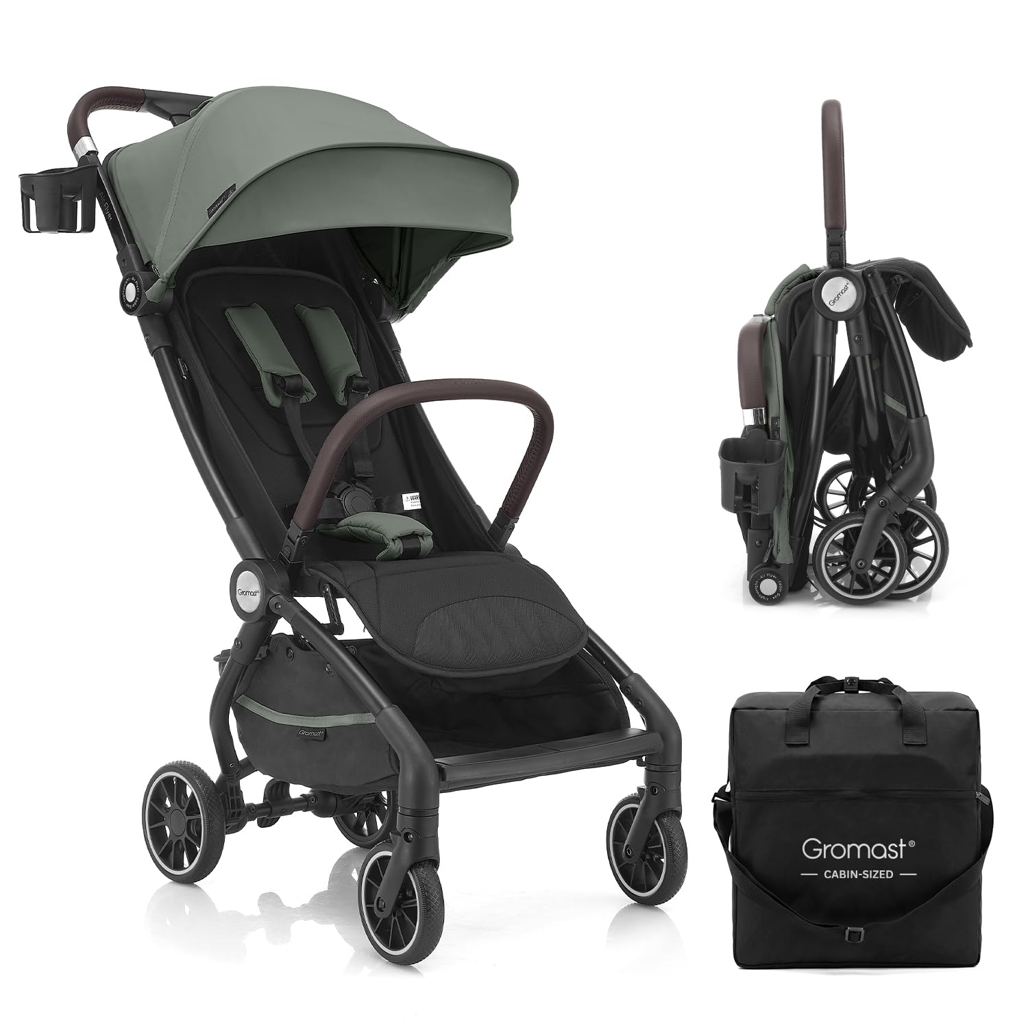 Gromast Gravity Folding Airplane Friendly Travel Stroller for Toddlers, Lightweight & Compact Baby Stroller, Gate Check Approved, UPF 50+ Waterproof, Includes Travel Bag - Green