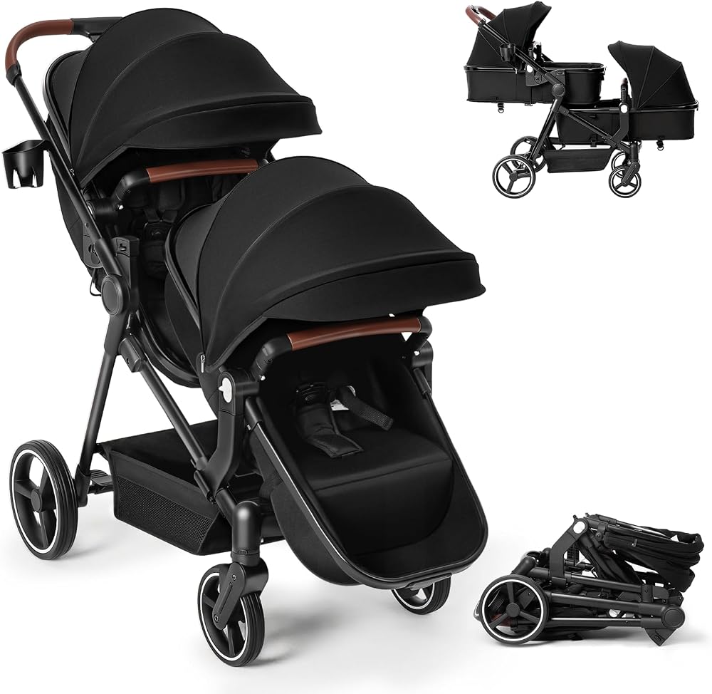 Double Stroller Newborn and Toddler, Foldable Tandem Twin Baby Travel Stroller, Storage Basket, Cup Holder, Adjustable Backrest, Reversible Seat, for 0-3 Kids